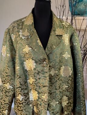 Midnight Velvet Brocade Vintage Glam Green Gold Brocade Blazer Women’s Size 20W
